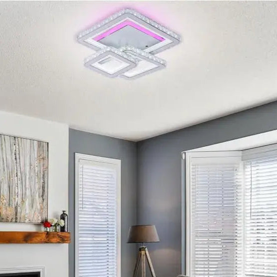 Lustra LED cu telecomanda si cristal LEILA 87W, 3 Patrate, lumina Rece/Calda/Neutra, Dimabila, Alb